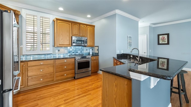 164 Nautica Mile Dr, Clermont, FL 34711 - kitchen featuring a breakfast bar, light wood-style flooring, a sink, a peninsula, and appliances with stainless steel finishes