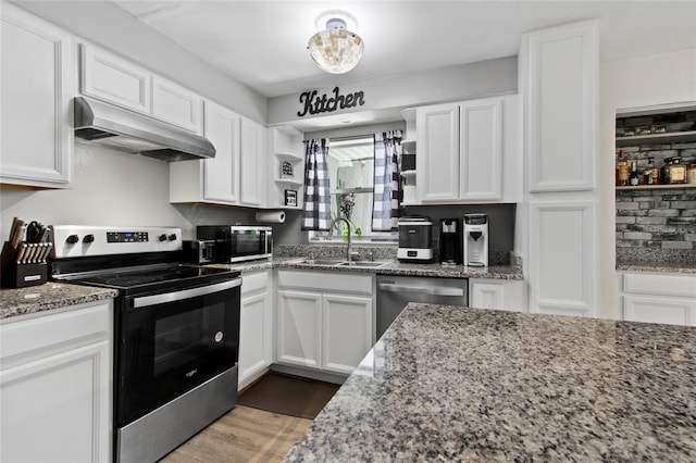 3058 SE 3rd Ave, Ocala, FL 34471 - kitchen with under cabinet range hood, white cabinetry, appliances with stainless steel finishes, and a sink