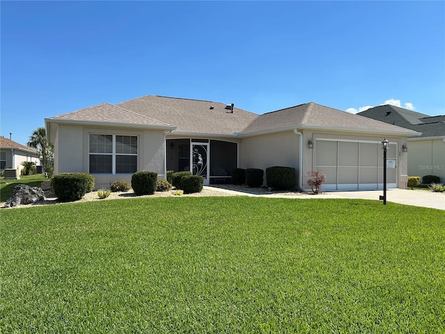 single story home with a front yard, a garage, driveway, and stucco siding