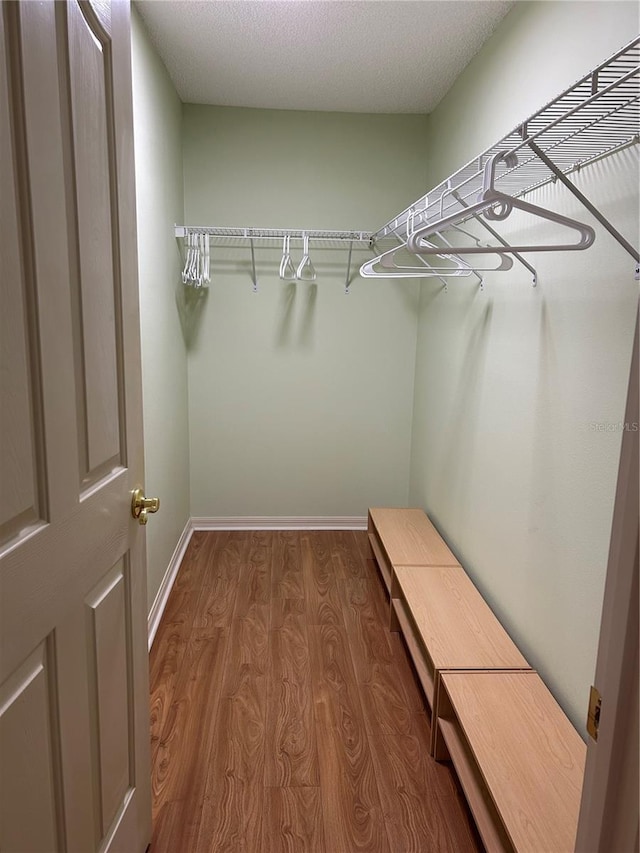 walk in closet with wood finished floors