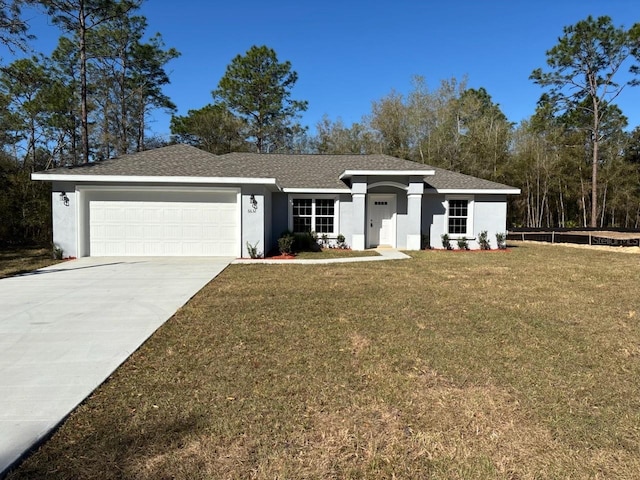 view of front of house featuring a front lawn, concrete driveway, roof with shingles, stucco siding, and a garage