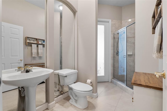 full bath with tile patterned flooring, a shower stall, and toilet