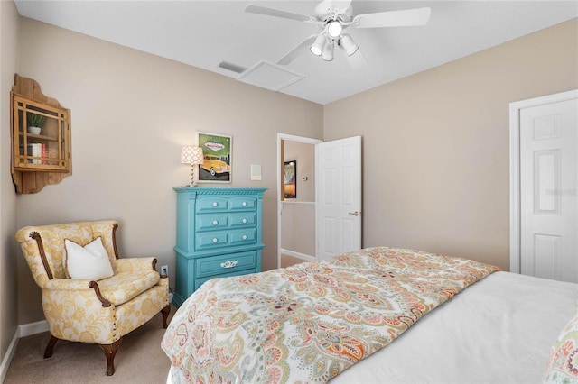 bedroom featuring baseboards, visible vents, carpet floors, and ceiling fan