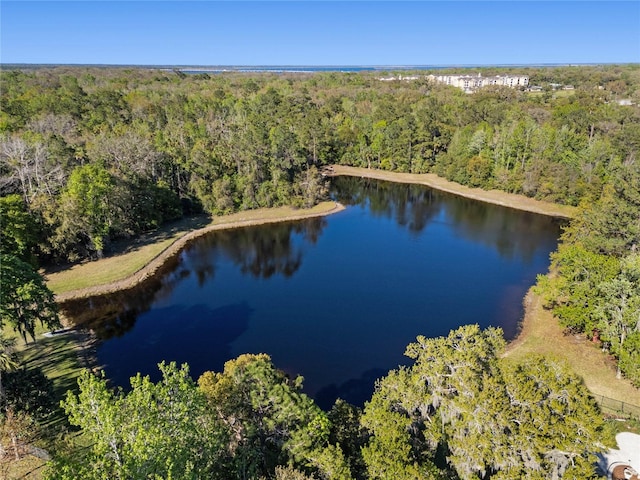 bird's eye view featuring a forest view and a water view