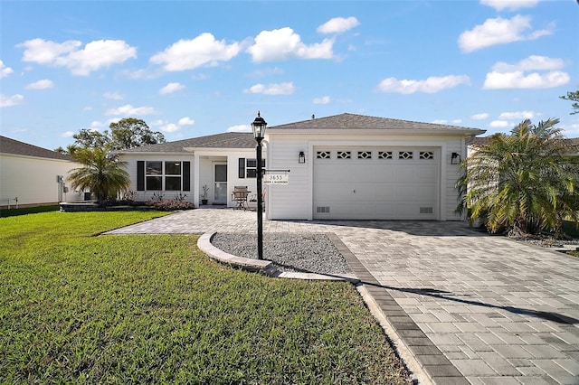 ranch-style home with an attached garage, decorative driveway, and a front lawn