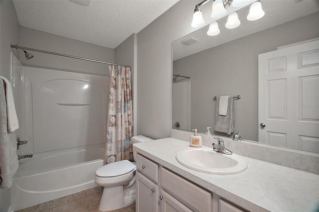 bathroom with toilet, vanity, tile patterned floors, a textured ceiling, and shower / bathtub combination with curtain