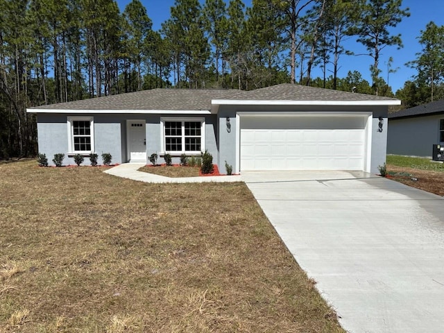 ranch-style home featuring roof with shingles, driveway, stucco siding, a front lawn, and a garage