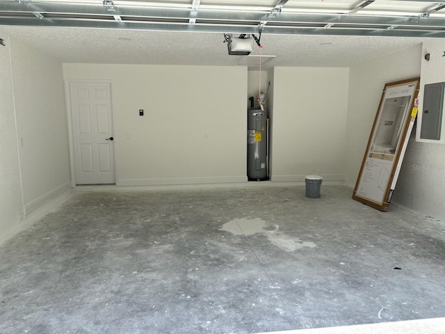 garage with electric panel, a garage door opener, and electric water heater