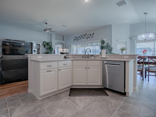 kitchen with visible vents, ceiling fan with notable chandelier, a sink, stainless steel dishwasher, and open floor plan