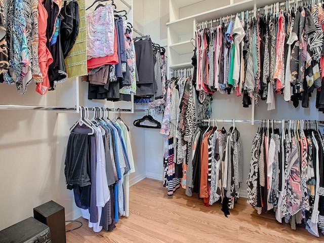 walk in closet with wood finished floors