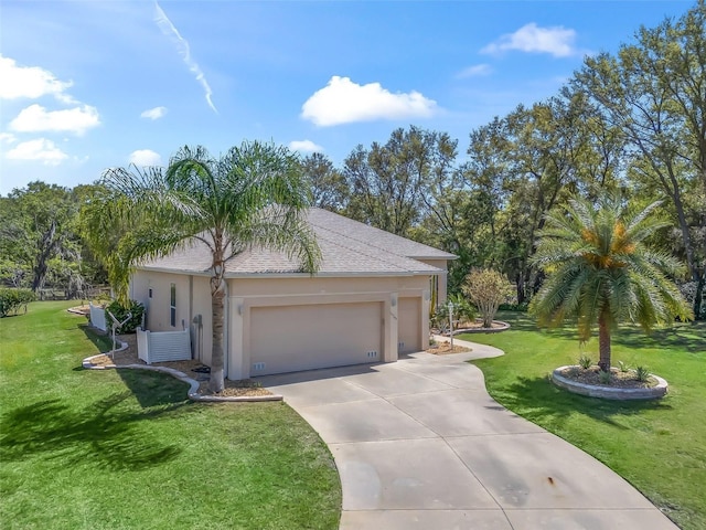 view of front facade featuring concrete driveway, stucco siding, a front yard, a garage, and a shingled roof