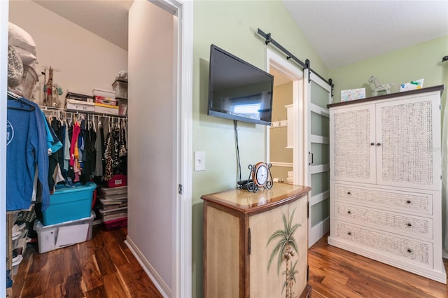 spacious closet with a barn door and wood finished floors