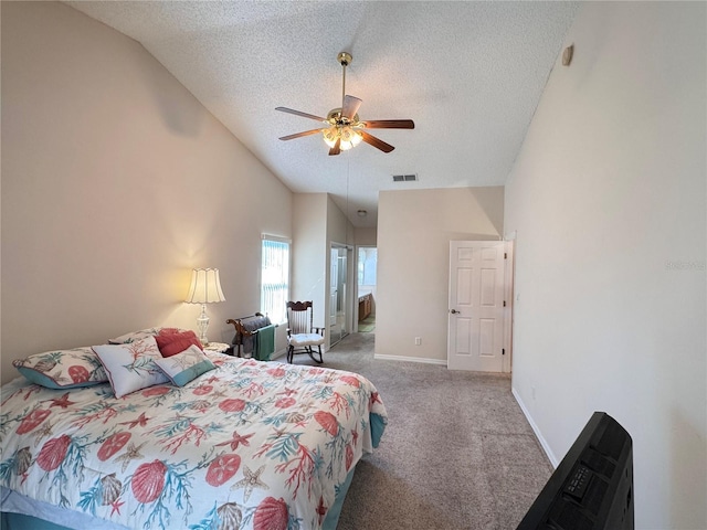 bedroom featuring carpet, visible vents, baseboards, high vaulted ceiling, and a textured ceiling