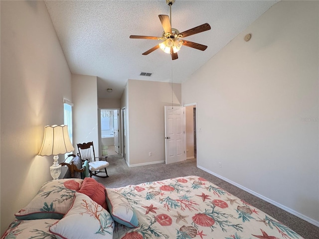 carpeted bedroom featuring baseboards, visible vents, high vaulted ceiling, ensuite bath, and a textured ceiling