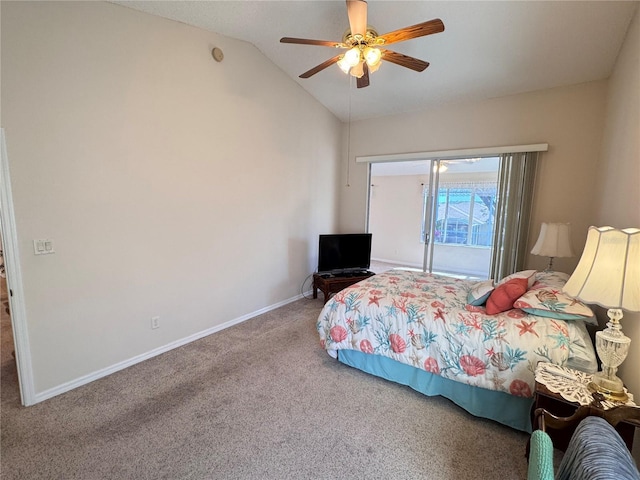 carpeted bedroom featuring baseboards, a ceiling fan, and vaulted ceiling