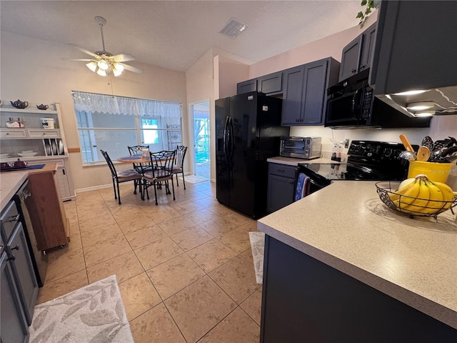 kitchen featuring visible vents, light countertops, light tile patterned floors, black appliances, and a ceiling fan