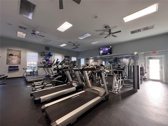 24614 Stillridge Ct, Leesburg, FL 34748 - exercise room featuring visible vents, a ceiling fan, and a healthy amount of sunlight