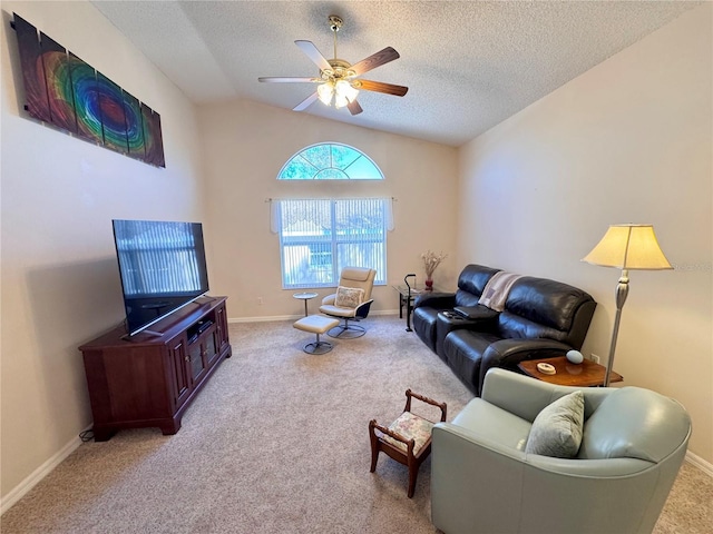 24614 Stillridge Ct, Leesburg, FL 34748 - carpeted living area with baseboards, a textured ceiling, vaulted ceiling, and ceiling fan
