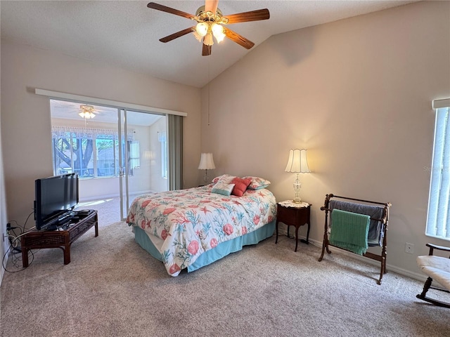 24614 Stillridge Ct, Leesburg, FL 34748 - bedroom with access to outside, baseboards, vaulted ceiling, a ceiling fan, and carpet floors