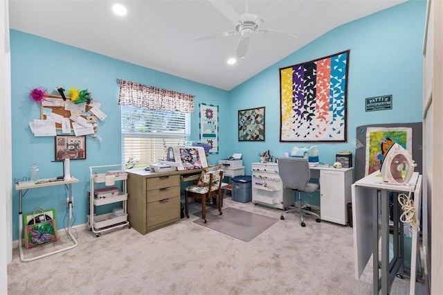 office area featuring vaulted ceiling, recessed lighting, light colored carpet, and ceiling fan