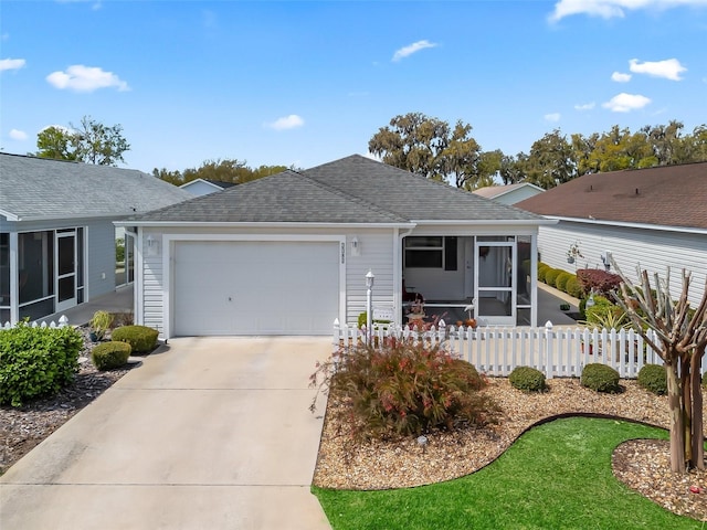 ranch-style home with driveway, fence, roof with shingles, an attached garage, and a sunroom