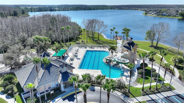 aerial view featuring a water view