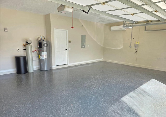 garage featuring electric water heater, baseboards, electric panel, a garage door opener, and concrete block wall