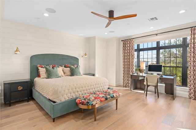 bedroom featuring visible vents, recessed lighting, light wood-type flooring, and ceiling fan