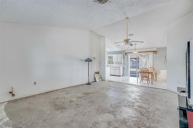 unfurnished living room featuring visible vents, ceiling fan, vaulted ceiling, a textured ceiling, and unfinished concrete flooring