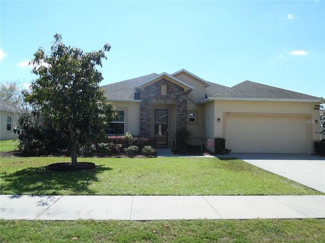 ranch-style home featuring stucco siding, stone siding, concrete driveway, a front yard, and a garage