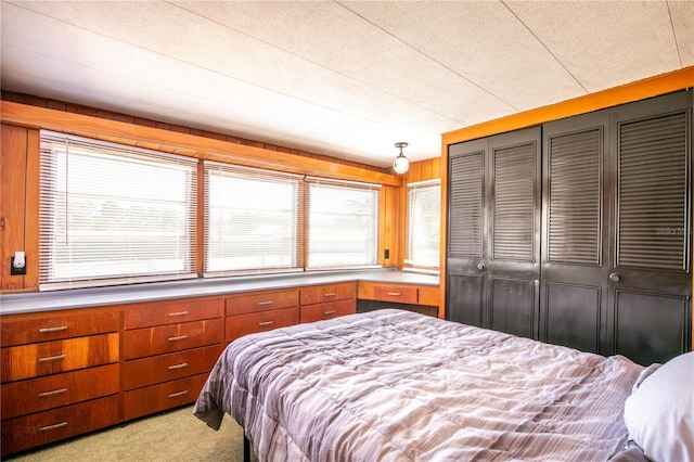 carpeted bedroom featuring a closet and wood walls