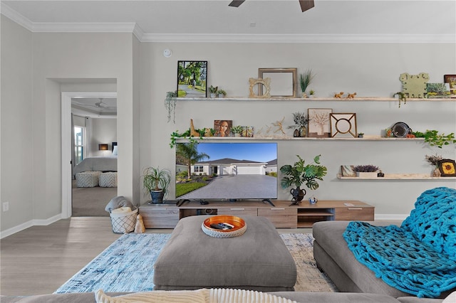 living area featuring wood finished floors, ceiling fan, and crown molding