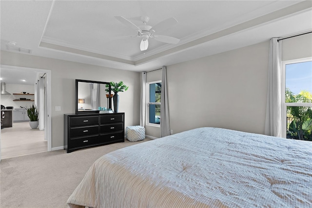 bedroom with a raised ceiling, multiple windows, and light colored carpet