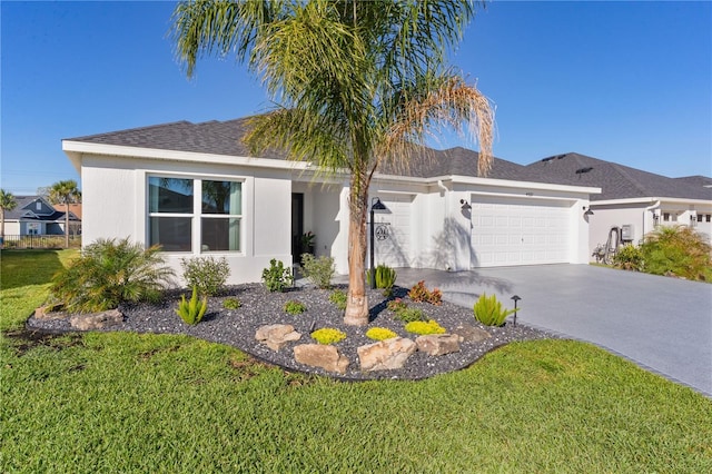 single story home with stucco siding, driveway, roof with shingles, a front yard, and an attached garage