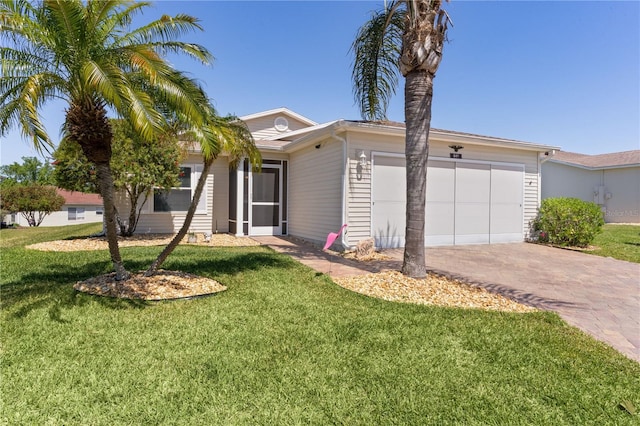 view of front of home featuring driveway, a front yard, and a garage