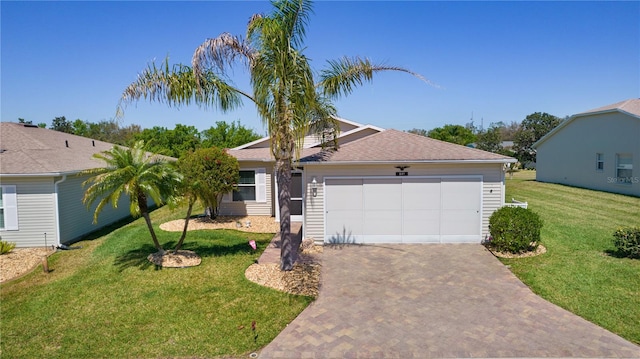 ranch-style house with a front yard, decorative driveway, and an attached garage