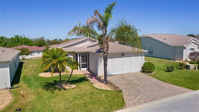 ranch-style house with a front lawn, decorative driveway, a garage, and a shingled roof