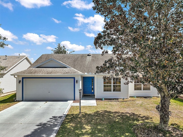 single story home with a garage, a front yard, roof with shingles, and driveway