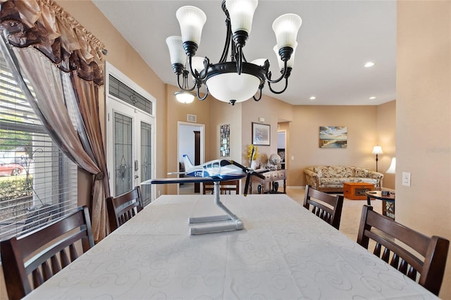 dining space with visible vents, recessed lighting, baseboards, and an inviting chandelier