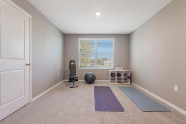 exercise area featuring baseboards and carpet floors