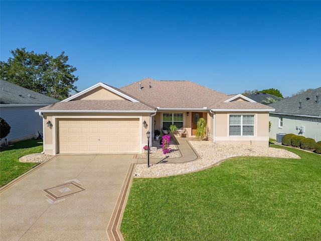 ranch-style home with concrete driveway, a front lawn, central AC, and stucco siding