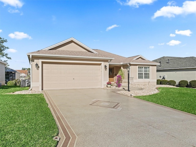 ranch-style home featuring stucco siding, a front lawn, and driveway