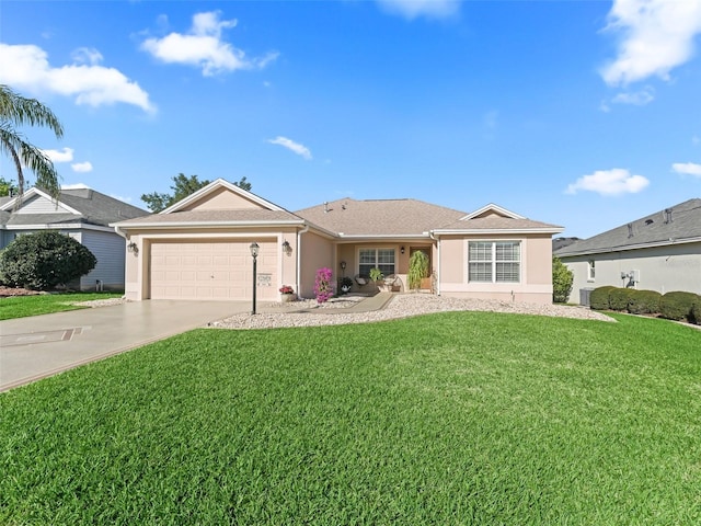 ranch-style home with stucco siding, driveway, an attached garage, and a front lawn