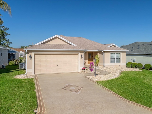 ranch-style home with stucco siding, concrete driveway, and a front lawn