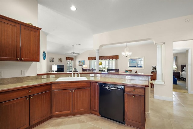 kitchen featuring ceiling fan with notable chandelier, a sink, black dishwasher, open floor plan, and ornate columns