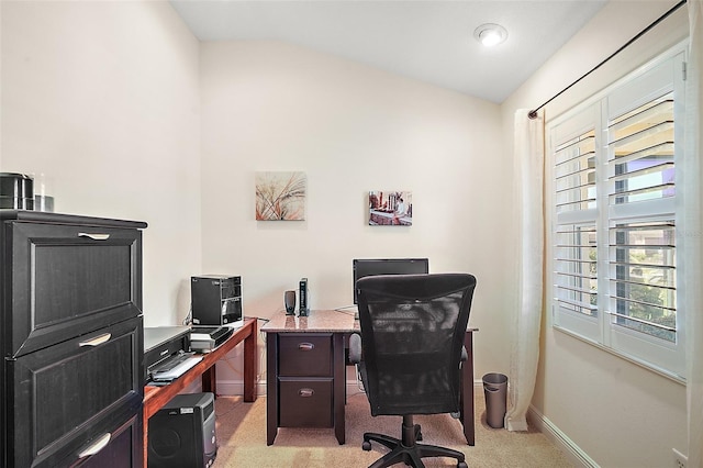 office space with light colored carpet and baseboards