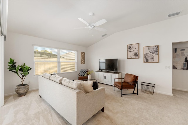 living room featuring baseboards, visible vents, lofted ceiling, ceiling fan, and light carpet