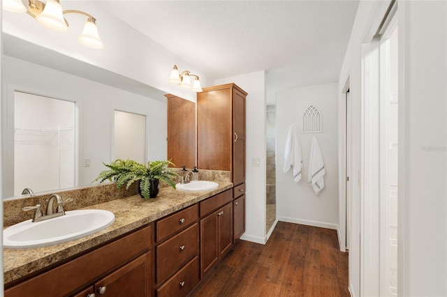 bathroom featuring double vanity, a spacious closet, wood finished floors, and a sink