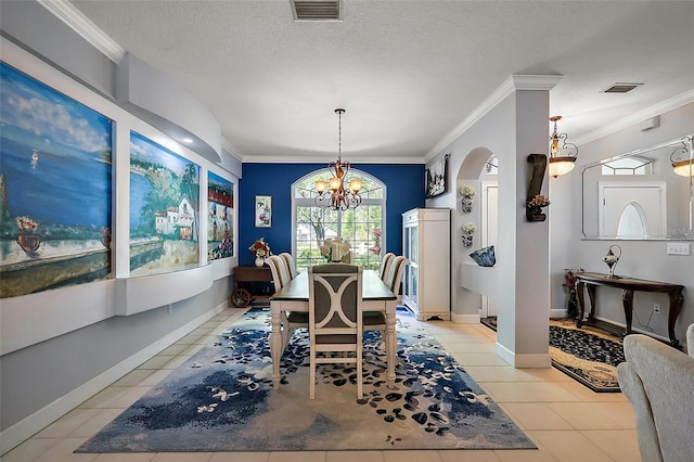 dining space featuring light tile patterned floors, visible vents, arched walkways, and an inviting chandelier