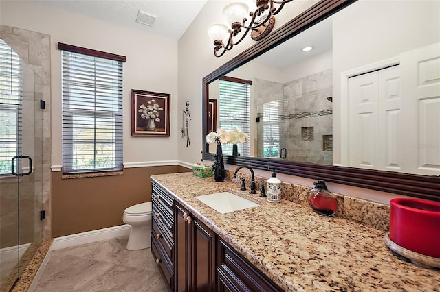 full bath featuring visible vents, a healthy amount of sunlight, a shower stall, and baseboards